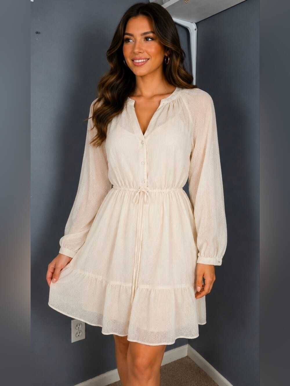 LC Lauren Conrad Cream Tiered Long Sleeve Sundress